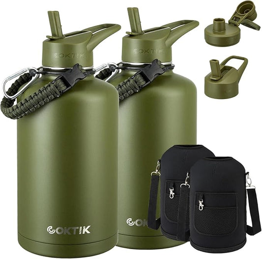 COKTIK 84oz Water Bottle with Straw - Triple Insulated Flask, 48hr Cold Retention Large Water Bottle, Leakproof Water Jug for Gym, Hiking, Camping, Outdoor Sports (2 pack, Army Green)