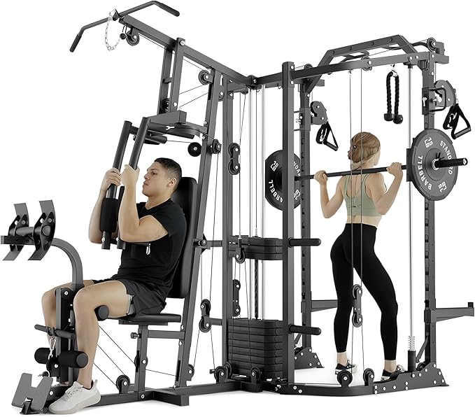 GMWD SmithΔ Machine Power Cage, Multi-Function Home Gym System with Cable Crossover System, Dual-Sided Workout Station with 121LBS Weight Stack, Power Rack, Functional Trainer, All in One Home Gym