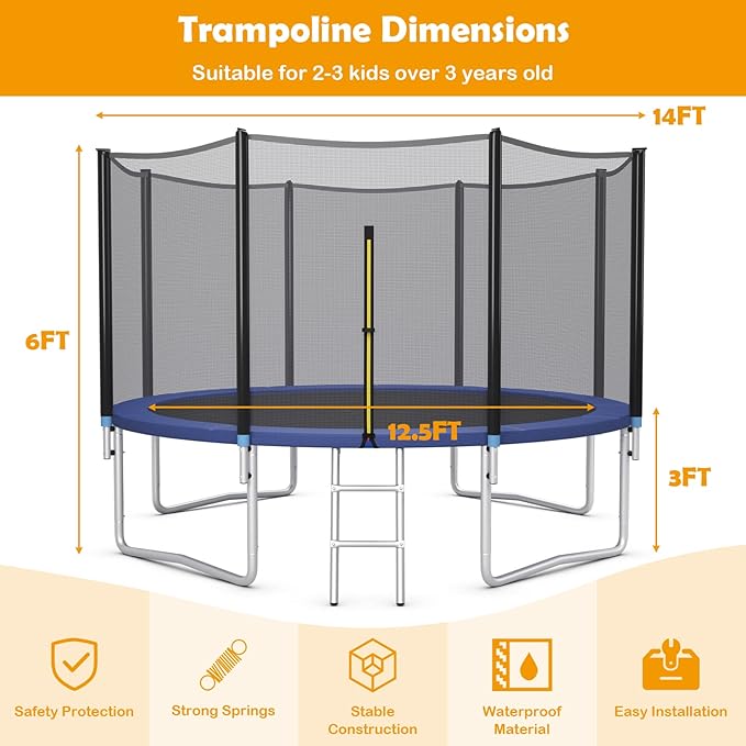 GYMAX Trampoline, 8FT 10FT 12FT 14FT 15FT 16FT Recreational Trampolines w/Safety Enclosure Net & Ladder - ASTM Certificated, Outdoor Trampoline for Kids and Adults