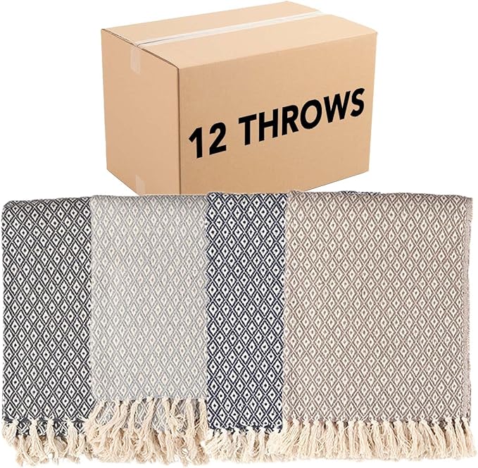 Arkwright Common Ground Bulk Blankets - Pack of 12 - Reversible 100% Cotton All Season Lightweight Couch Bed Throws for Wedding Guests, Travel, and Outdoor Events, 50 x 70 in, Diamond