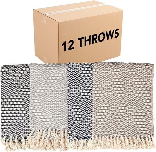 Arkwright Common Ground Bulk Blankets - Pack of 12 - Reversible 100% Cotton All Season Lightweight Couch Bed Throws for Wedding Guests, Travel, and Outdoor Events, 50 x 70 in, Diamond