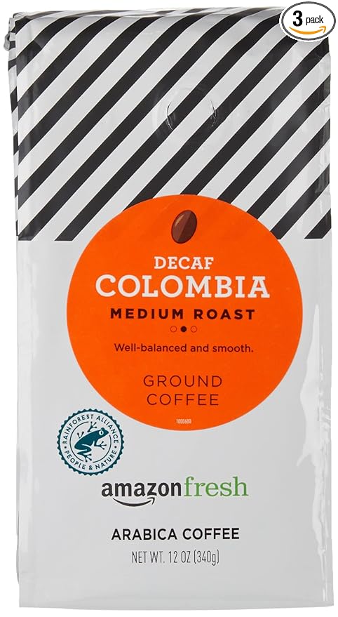Amazon Fresh Decaf Colombia Ground Coffee, Medium Roast, 12 Ounce (Pack of 3)