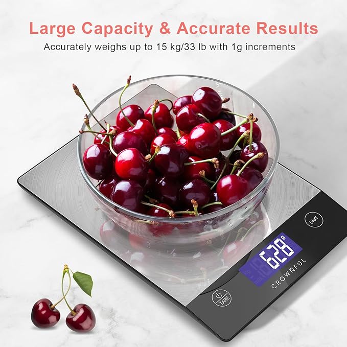 CROWNFUL Food Scale, Rechargeable 304 Stainless Steel Digital Kitchen Scale Upto 33lb Weight Grams and Ounces with LCD Display and Type-C Charging for Baking and Cooking