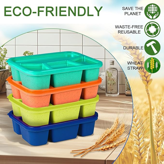 8 Pack Bento Box Lunch Box Container for Adult Kid, 4 Compartment Meal Prep Containers with Lids, Reusable Bento Box Snack Container, Microwave & Dishwasher Safe