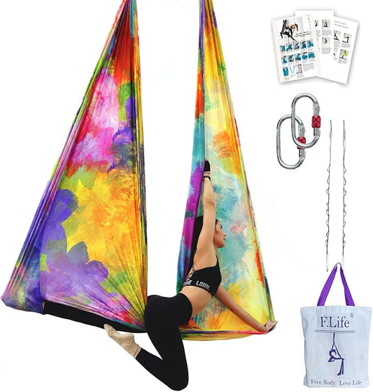 F.Life Aerial Yoga Hammock kit- Yoga Swing Multicolor 5 yards-Flying Yoga Include Daisy Chain,Carabiner and Pose Guide