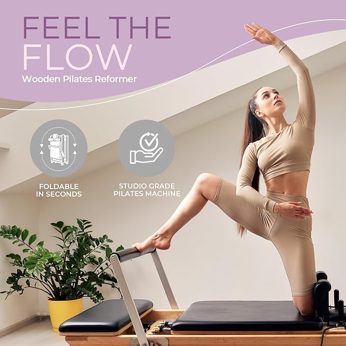 Airlithe Foldable Pilates Reformer Machine|Wooden Frame Reformer Machine with Strings, Versatile Accessories & 50+ Expert-Guided Workouts|Equipment for Strength Training, Rehabilitation, & Flexibility