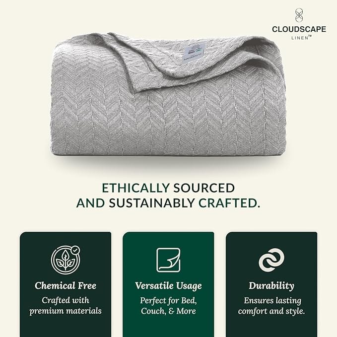 Herringbone Cotton Twin Blanket for Couch, Bed,Sofa, Home Decor, Soft, Lightweight, All-Season Bed Blanket, 68 x92, Light Grey