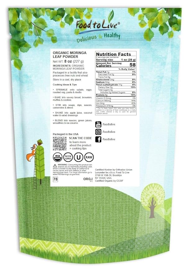Food to Live Organic Moringa Powder, 8 Ounces – Rich in, Non-GMO, Ground Moringa Oleifera Leaf, Raw, Sun-Dried, Vegan, Bulk, Great for Drinks, Teas and Smoothies