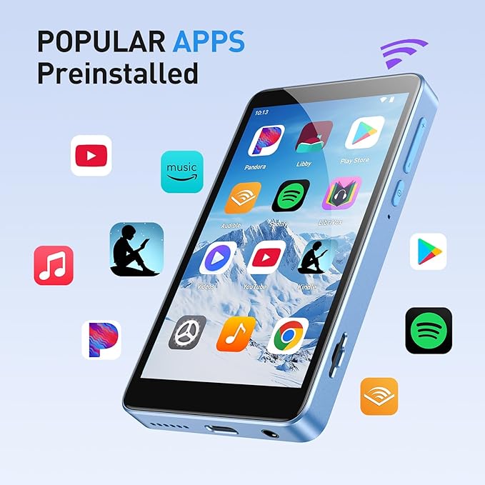 AGPTEK 96GB MP3 Player with Bluetooth and WiFi, T08X 4'' Android 14 MP4 Music Player with Spotify, Audible, APP Store, Up to 1TB, Blue