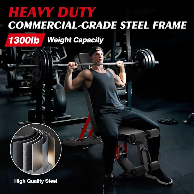Adjustable Weight Bench - Foldable Workout Bench for Home Gym, PRO Heavy Duty 1300lb Capacity Full Body Strength Training with 8-Level Incline/Flat/Decline Positions & Space-Saving