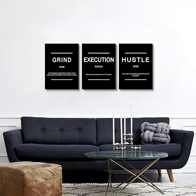 Framed Canvas Wall Art Success Quote, Office Wall Art, Black Large Poster, Positive Motivational Set of 3 Prints, Execute Failure Definition, Inspirational Print (B-3pcs,12x16inchx3pcs)