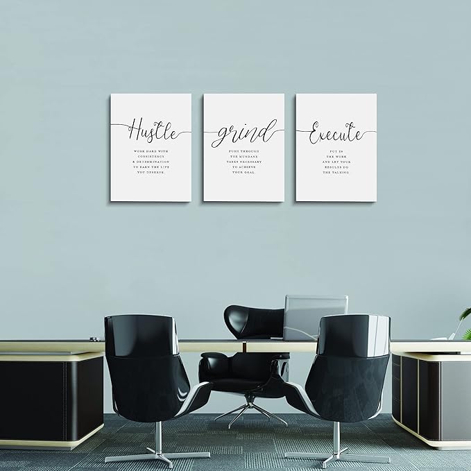 Framed Canvas Wall Art Grind Hustle Quote Poster, Office Wall Art, Positive Motivational Set of 3 Prints, Hustle prints Execute, Inspirational Wall Decor Art (H-3pcs,12x16inchx3pcs)