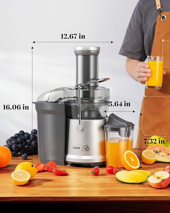 GDOR 1200W Juicer, 3.2" Wide Chute, Titanium-Enhanced Blade, Heavy-Duty Copper Motor, Dual Speed Centrifugal Juice Extractor, BPA-Free, Silver