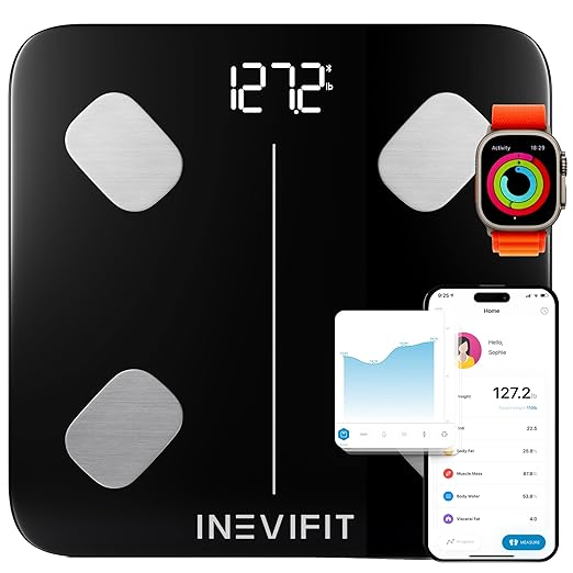 INEVIFIT Smart Body Fat Scale, Highly Accurate Bluetooth Digital Bathroom Body Composition Analyzer, Measures Weight, Body Fat, Water, Muscle, Visceral Fat & Bone Mass for Unlimited Users (Eco-Blk)
