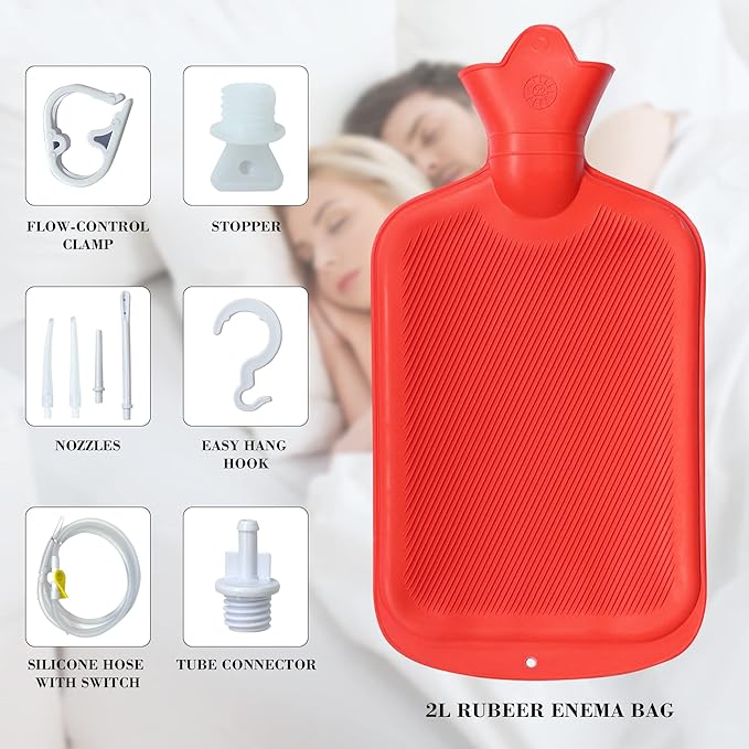 Abyclean Enema Bag Kit Rubber Anal Douche Vaginal Douche Enema Cleaner for Women’s or Man’s Health with Nozzles (Red, 2L)
