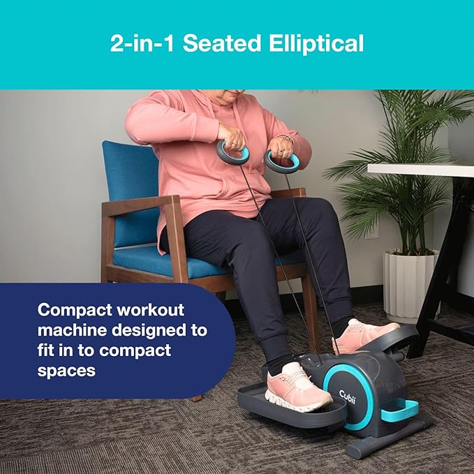 Cubii Total Body - Under Desk Seated Elliptical Pedal Exerciser with Built in Upper Body Resistance Bands, 12 Levels of Resistance, LCD Display, Whisper Quiet with Bluetooth - Adult to Seniors