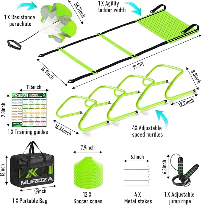 Agility Ladder, Speed Training Equipment Set, 20ft Agility Ladder, 12 Soccer Cones, 4 Hurdles, Jump Rope, Running Parachute, Basketball Football Soccer Training Equipment for Kids, Youth, Adults