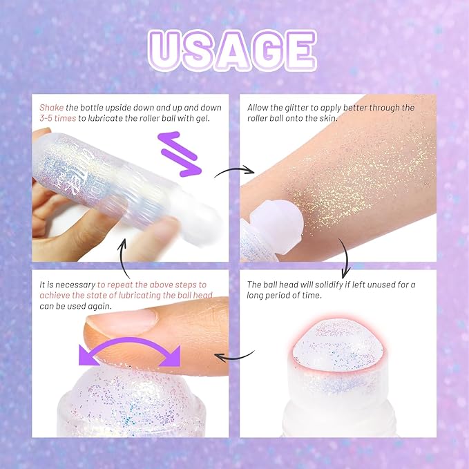 DAGEDA 2Colors Roll-on Body Glitter Gel for Body, Hair, Face, Holographic Glitter Makeup for Rave Accessories, Body Shimmer for Halloween Makeup(Fantasy + Ocean Glow)