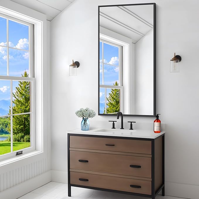 Bathroom Mirror,24x48 inch Wall Mirror for Bathroom Wall Mounted Black Rectangle Square Corner Mirrors, Black Bathroom Mirror for Living Room, Farmhouse, Bedroom Entryway, Horizontal/Vertical