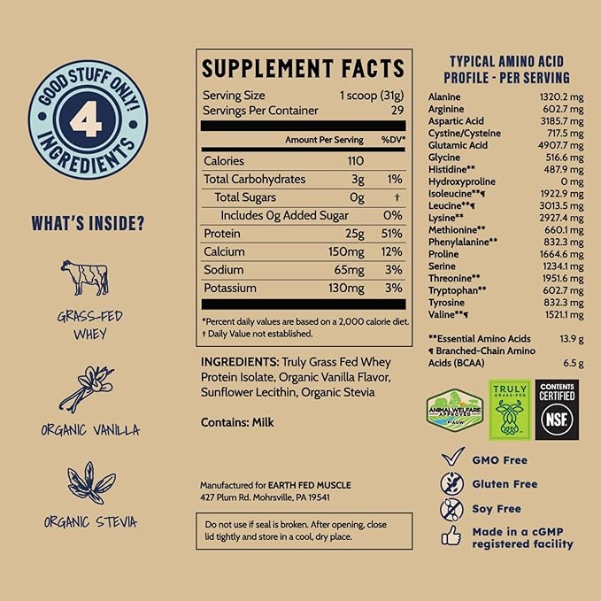 Earth Fed Muscle Whey Back Irish Grass Fed Whey Protein Isolate - NSF-Certified. No Artificial Ingredients, Soy Free, Gluten Free, Non-GMO and Hormone Free (2 Pound, 29 Servings, Vanilla)