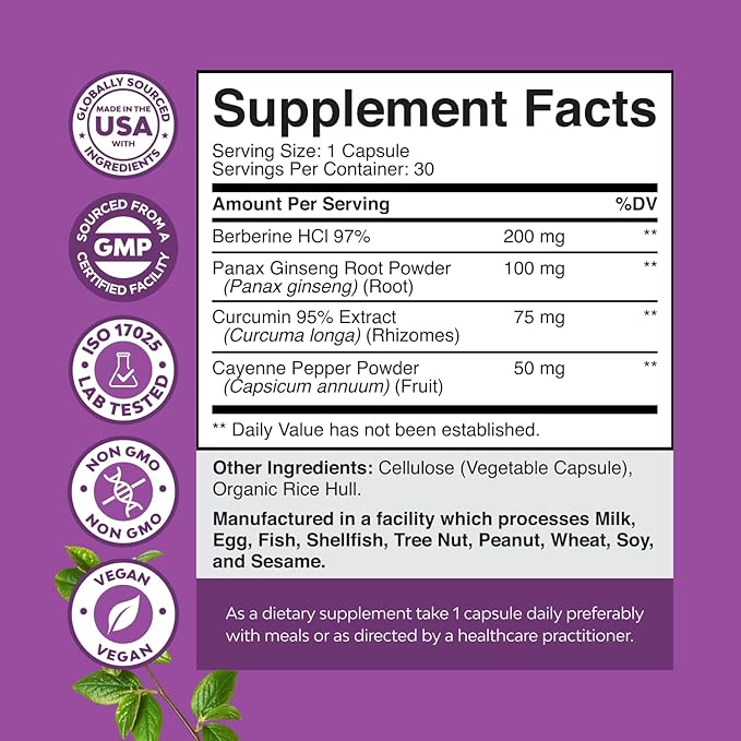 GLP-1 Berberine Supplement - One a Day Healthy Gut Berberine Complex with Panax Ginseng Turmeric Curcumin & Cayenne Pepper for Metabolic Balance - Gluten Free Vegan and Non-GMO (2 Month Supply)