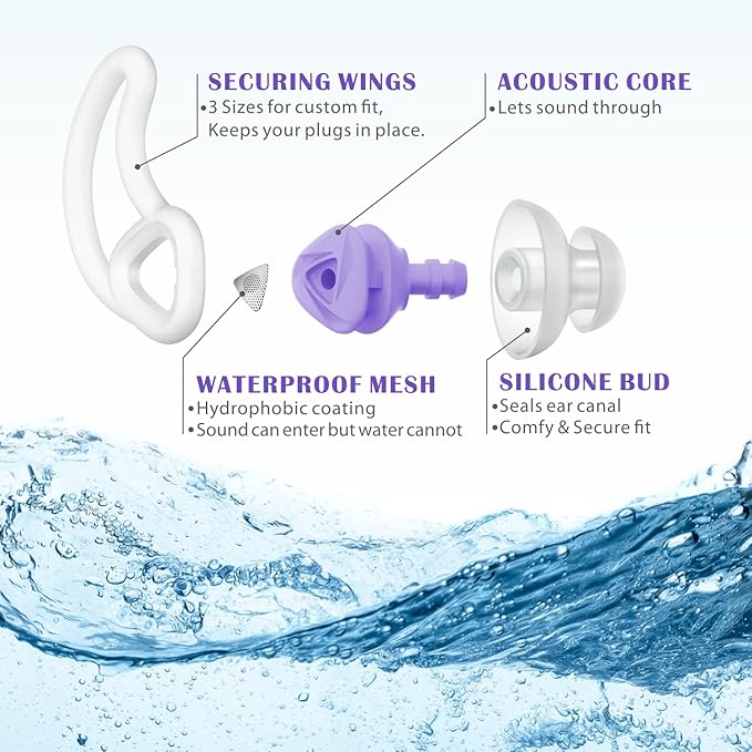Hearprotek [2 Pairs] Swimmer Ear Plugs, Custom-fit Water Protection Adult Swimming earplugs for Swimmers Pool Shower Bathing and Other Water Sports (Purple)