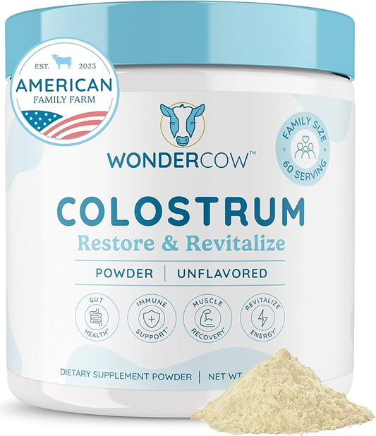 Colostrum Supplement Powder for Gut Health, Immune Support, Muscle Recovery & Wellness | Natural IgG Pure Whole Bovine Colostrum Superfood, Unflavored, 60 Servings