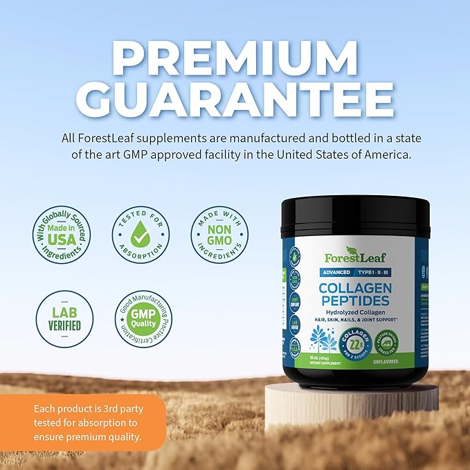 ForestLeaf Collagen Peptides Powder Unflavored - Hydrolyzed Grass Fed Keto Collagen Protein Powder Type 1, 2 & 3 - Vital Hair, Skin, Nails, Joints, Recovery, 11g Per Serving