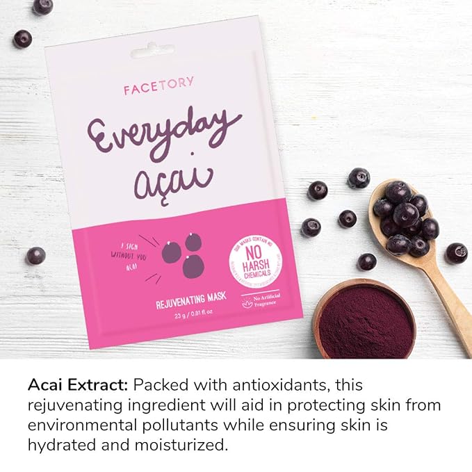 FACETORY K Beauty Face Mask Skin Care - Everyday ACAI Rejuvenating Sheet Mask | Plant-Based with Acai Infusion (10 Pack)
