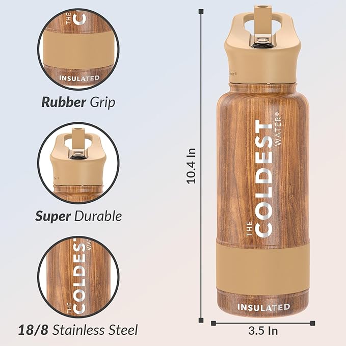 Coldest Insulated Water Bottle with Straw Lid - Stainless Steel Metal Insulated Bottle for Men & Women (Executive Wood, 32 oz)