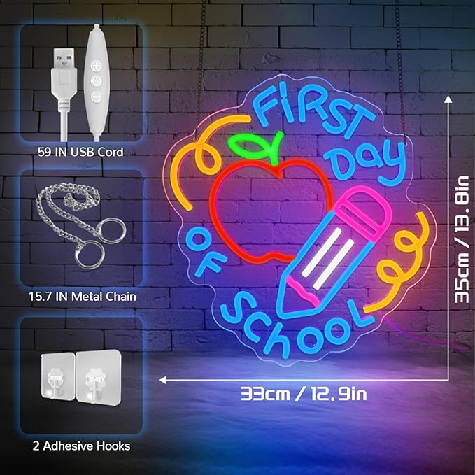 First Day of School Neon Sign for Classroom,Classroom Neon Sign,Colorful LED Back to School Wall Decor,Apple and Pencil Neon Light Sign for Classroom,Preschool,Photo Backdrop,Kids Room