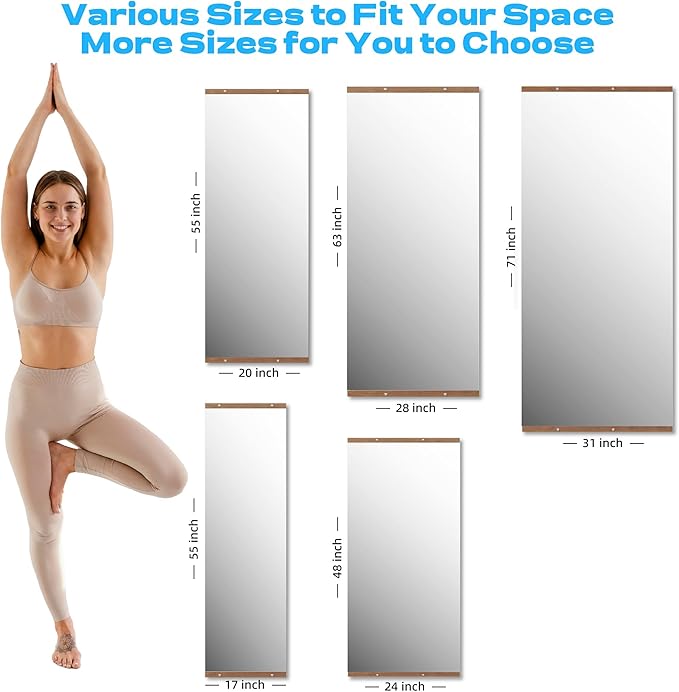 Hasipu 2Pcs 48''x24'' Home Gym Mirror Large Full Length Wall Mounted Full Body Mirror for Yoga Dance Fitness Exercise Studio Bedroom Garage, Frameless Tempered Glass Workout Mirrors Walnut Rectangular
