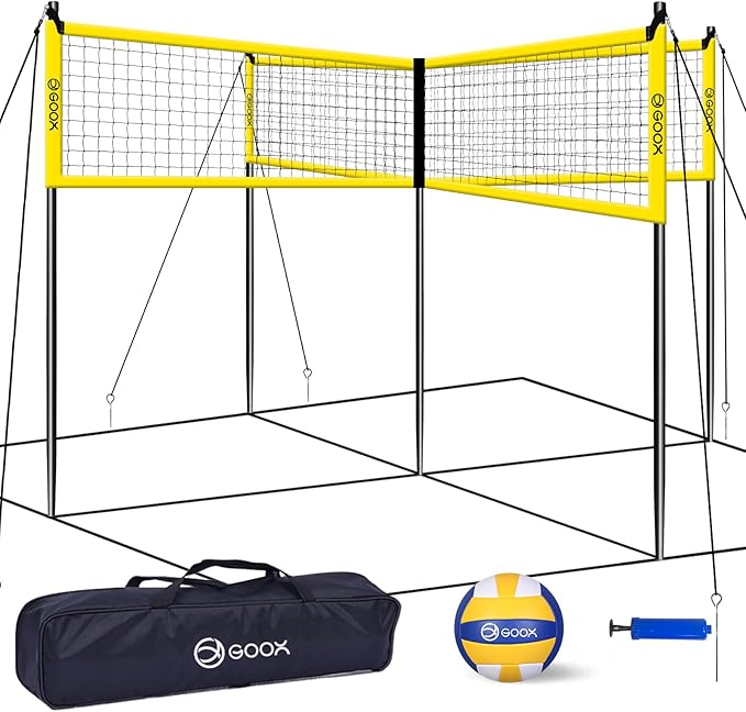 GOOX 4 Square Volleyball Net Game Set, 14 FT 4-Way Volleyball Net for Backyard Beach Lawn, Portable Four Square Volleyball Net for Adults & Youths with Vollyball, Pump, Carry Bag