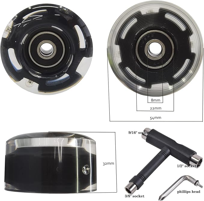 FREEDARE Roller Skate Wheels 54mm/58mm and Bearings Indoor Outdoor Luminous Light Up 83A with T Tools for Double Row Skating and Skateboard (8 Pack)