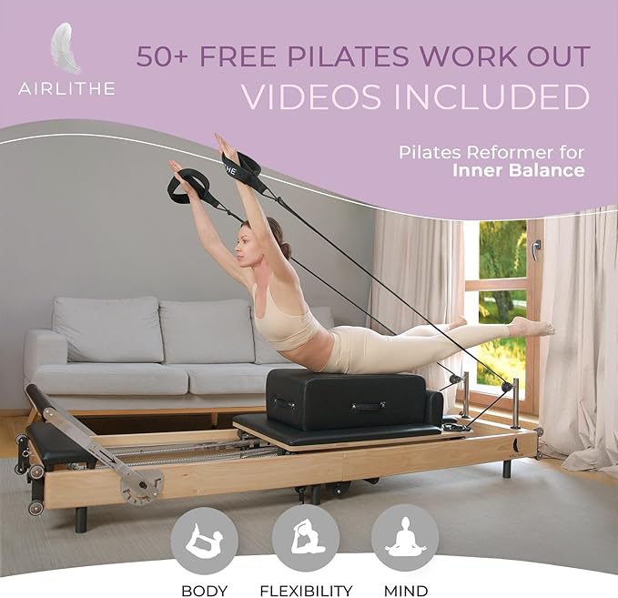 Airlithe Foldable Pilates Reformer Machine|Wooden Frame Reformer Machine with Strings, Versatile Accessories & 50+ Expert-Guided Workouts|Equipment for Strength Training, Rehabilitation, & Flexibility