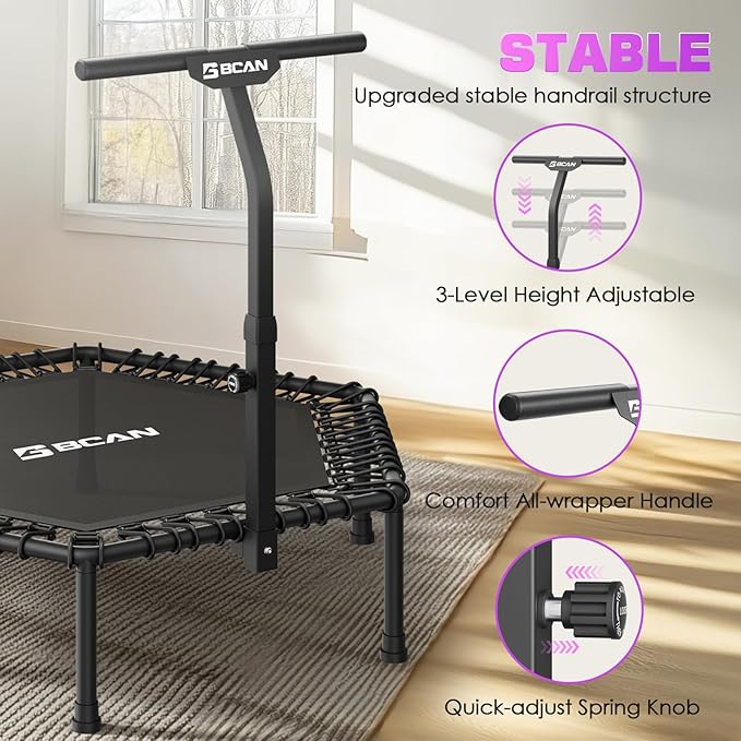 BCAN 51" Mini Hexagon Trampoline, Max Load 450 LBS Fitness Trampoline with T-Adjustable Handle Bar, Silent Bungees, Larger, More Stable, Quieter Exercise Rebounder for Adults Indoor/Garden Workout
