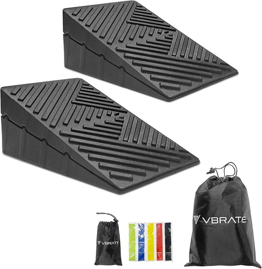 Adjustable Non-Slip Rubber Slant Board for Squats (4PC Squat Wedge Blocks) with 5 Resistance Bands – Heel Elevated Calf Stretcher & Calf Raise Block for Strength Training, Mobility & Balance