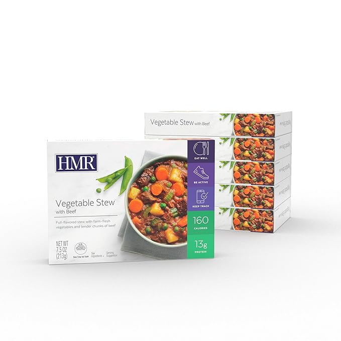 HMR Vegetable Stew with Beef Entrée | Pre-packaged Lunch or Dinner to Support Weight Loss | Ready to Eat | 13g of Protein | Low Calorie Food | 8oz Serving per Meal | Pack of 6