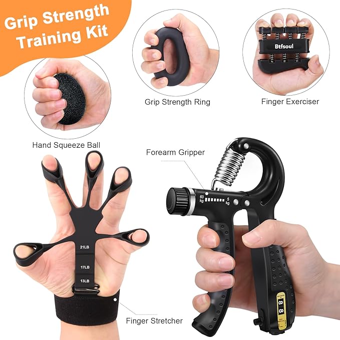 Grip Strength Trainer Kit with Hand Gripper Strengthener, Finger Exerciser, Forearm Workout Ring, Double-Sided Finger Stretcher(Gripster) and Stress Relief Ball