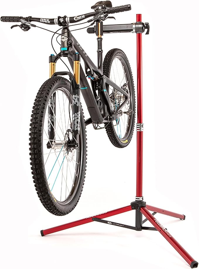 Feedback Sports | Ultralight Bike Repair Stand | Bicycle Workstand W/Tripod Base | Lightweight and Durable Aluminum | Red (Red, Ultralight)