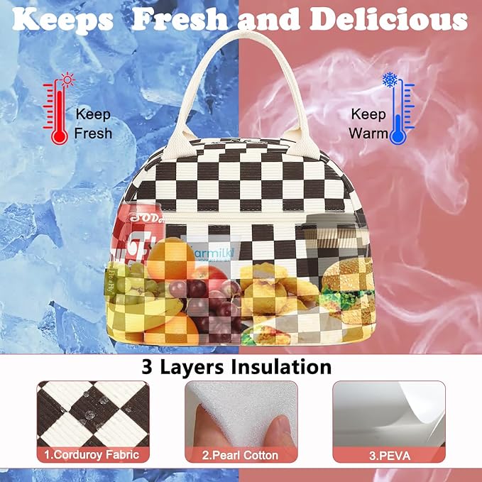 FlowFly Lunch Bag for Women Insulated Lunch Box Corduroy Lunch Tote Cooler for Travel Work Picnic,Corduroy Plaid Coffee