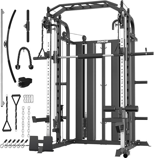 DONOW Smith Machine with Weight Stacks Power Cage Squat Rack Dual Cable Crossover Machine Home Gym Systems Station LAT Pull Down