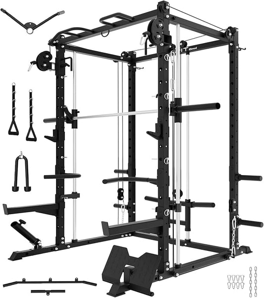 Eonfit E3 Smith Machine with 360°Rotating Arm for Home Gym Equipment, Multi-Function Power Cage Squat Rack with Cable Crossover LAT Pulldown Pulley System All in One