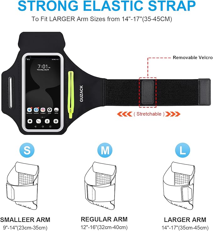 GUZACK Running Armband for iPhone 16 15 14 13 Pro Max, Galaxy S25 S24 S23 S22, with Card Slot & Key Pockets, Sports Arm Bands Phone Holder, Fit Up to 6.9 Inches Phone - Size L (Bigger Arm 14-17 in)