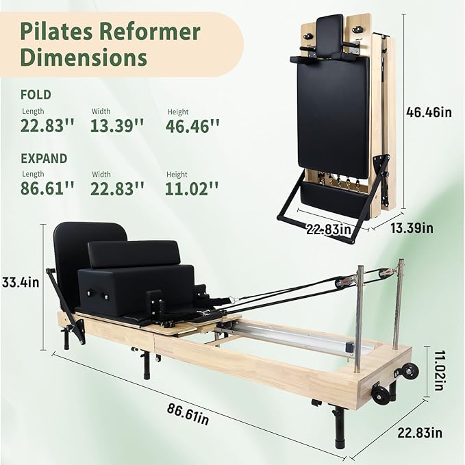 Foldable Pilates Reformer with Sitting Box, Double Jump Boards – Wooden Pilates Reformer Machine with Velvet Straps, German Springs, Smooth Aluminum Rails, Pilates Machine for Home