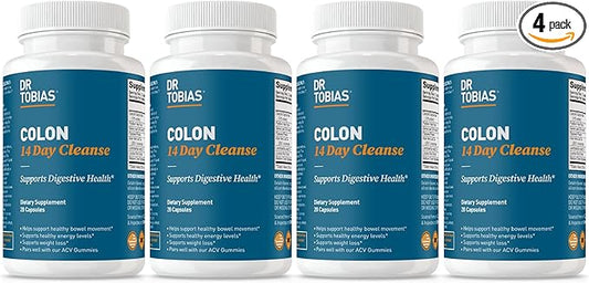 Dr. Tobias Colon 14 Day Cleanse, Advanced Gut Cleanse Detox for Women & Men with Cascara Sagrada, Psyllium Husk, Senna Leaf & Probiotics, Non-GMO Colon Cleanse, 4 Bottles of 28 Capsules (1-2 Daily)