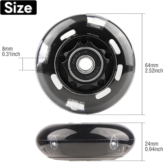 8pcs Inline Skate Wheels Led Light-Up Wheels 64/70/72/76/80mm w/Bushings 85-88A for Kids and Youth Beginners Children's Inline Skates Indoor/Outdoor Use (Black, 64mm)
