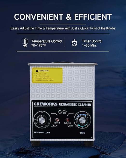 CREWORKS Ultrasonic Cleaner with Heater & Timer, 1/2 Gallon Stainless Steel 60W Ultrasonic Cleaning Machine with Degas & Gentle, 2L Sonic Machine for Professional Jewelry Watch Glasses Cleaning