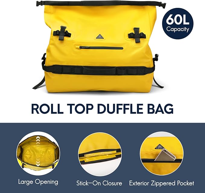 Haimont Large Waterproof Duffel Backpack Roll-Top Heavy Duty Dry Duffle Bag for Boating, Travel, Motorcycle, Kayaking, Camping, 60L