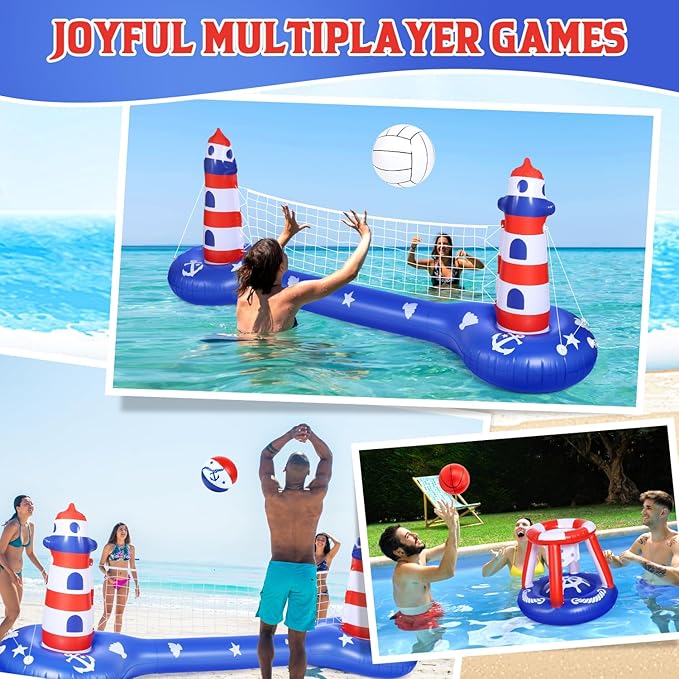 EagleStone Pool Volleyball Net &Basketball Hoop Inflatable Pool Floats Toys Swimming Water Games for Adults and Kids 8-12 Teens Volleyball Court Poolside Floaties